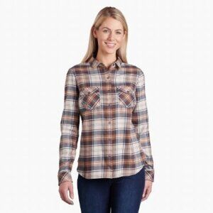 KUHL women's size small S Tess Copper plaid flannel outdoors snap top shirt